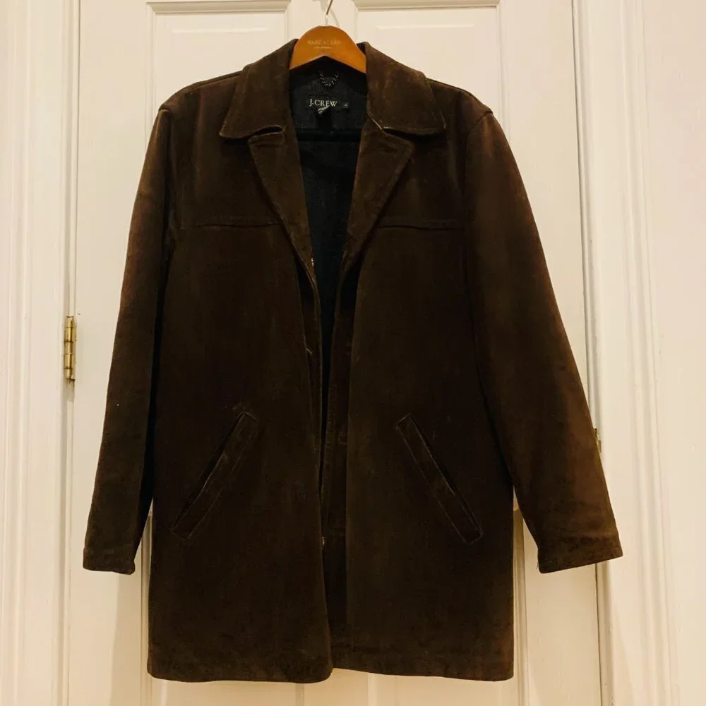 J CREW Suede Leather Jacket Lined Coat Button Down Wool Lining Brown Vintage 90s
